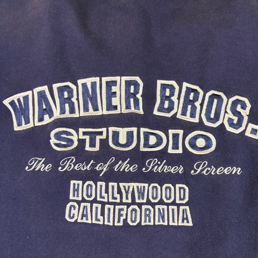 Vintage Warner Bros Studio Bomber Jacket Mens XL Navy Blue Varsity 90s Retro - Picture 6 of 11
